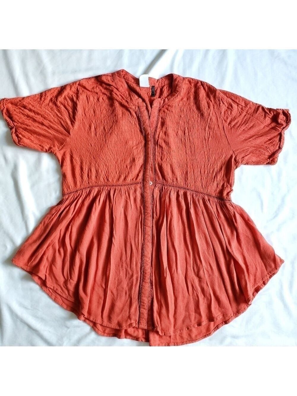 Anthropologie Burnt Orange V Neck Flare Top Large Petite - Picture 1 of 11